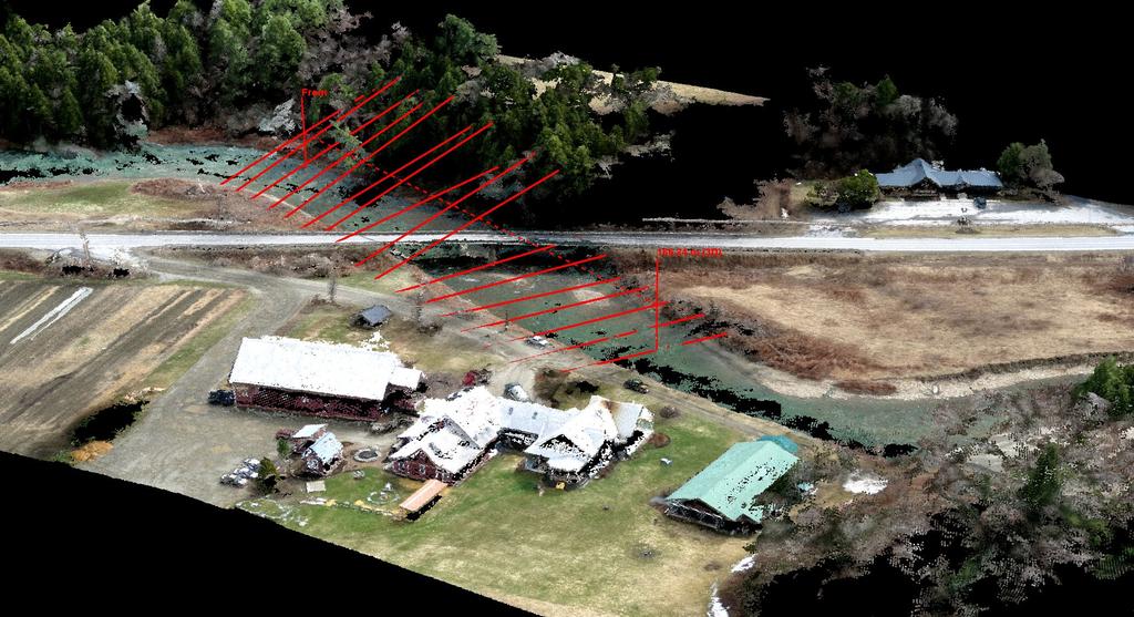 Figure 3: UAS photogrammetric point cloud with stream cross section overlay generated in Quick Terrain Modeler.