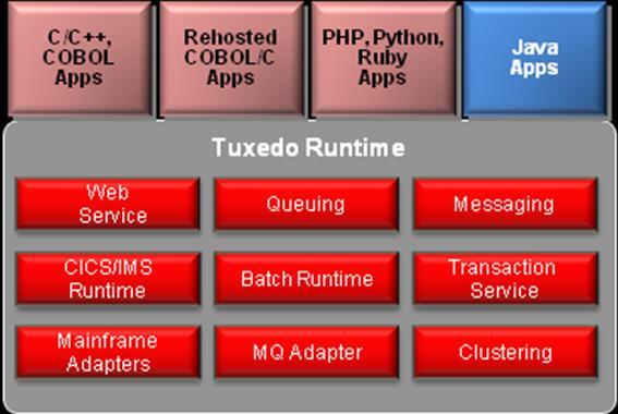 Figure 1: Oracle Tuxedo supports application development in multiple programming languages, including Java. Such applications are deployed in the same container.