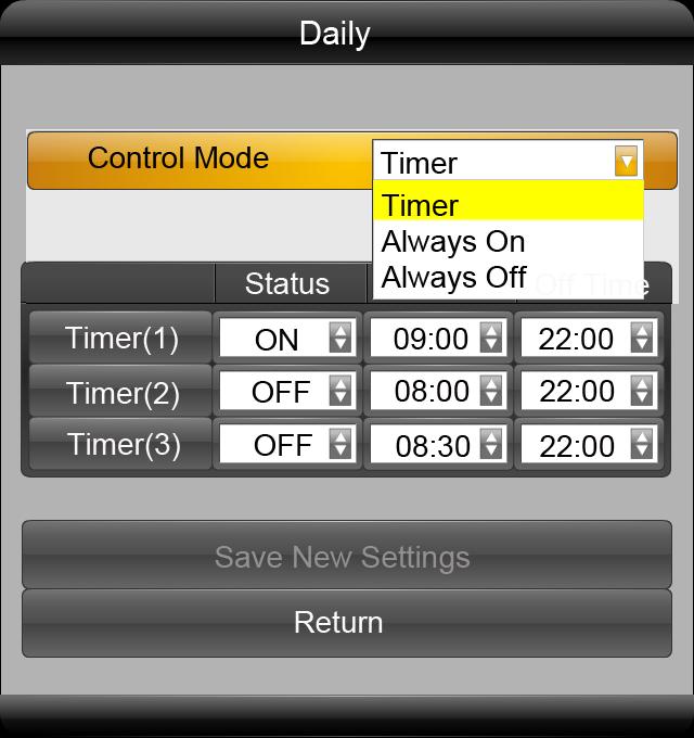 Choose the Status of Timer(1) to be ON, then make the On Time to be 06:00, Off Time to be 11:00. 3. Choose Save New Settings to finish the setting.