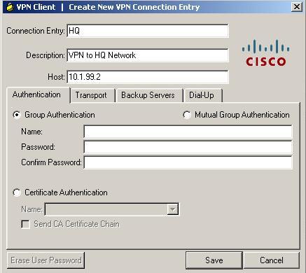Select Connection Entries>New, or click the New icon, as shown below. Enter the IP Address of the outside interface of the VPN Server device - 10.1.Z.