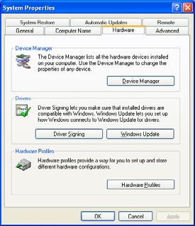 13 of 42 c. Click on the Device Manager button located near the top of the window. Figure 18 XP Hardware tab. d. A new window, Device Manager, will be displayed over the System Properties window.