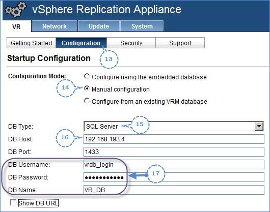 Deploying vsphere Replication 5.5 17. Specify DB Username, DB Password, and DB Name as shown in the following screenshot: 18. Click on Save and Restart Service.