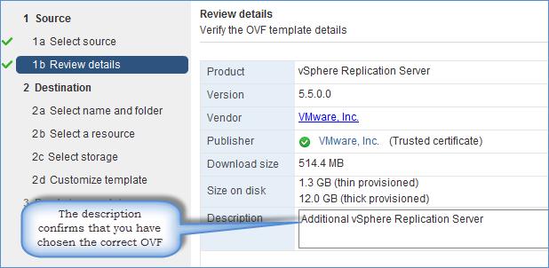 Chapter 4 8. The Review details screen will summarize the OVF template details. Note that the description says Additional vsphere Replication Server. Click on Next to continue.