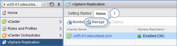 From the vsphere Web Client's home page, click on vsphere Replication to bring up the vsphere Web Client's interface for vsphere Replication, as shown in the following screenshot: 2.