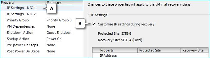 customization. We will visit each of these properties further in this section. IP settings The IP settings property is a per-vnic property for the virtual machine that is part of the Recovery Plan.