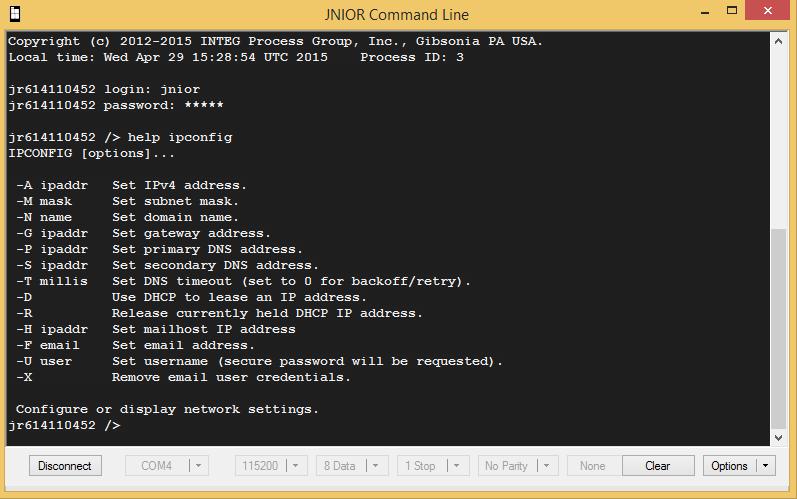 You will use the ipconfig command to configure the JNIOR Ethernet port for your required static (fixed) IP Address.