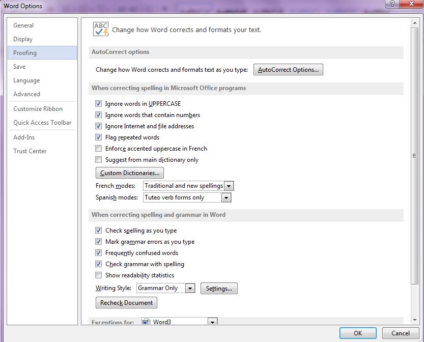 Options. Once the dialog box appears, select Proofing from the left-hand side.