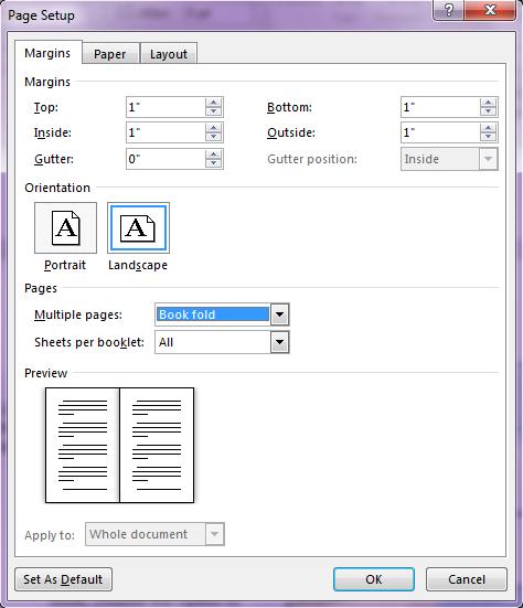 Click on the button in the bottom right corner of the Page Setup grouping to open the Page Setup dialog box. From the Multiple Pages drop-down list, select Book Fold.