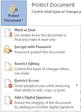 Protection There are many types of protection that you can apply to your document depending on what you need. Click on the File button. Click on Info.