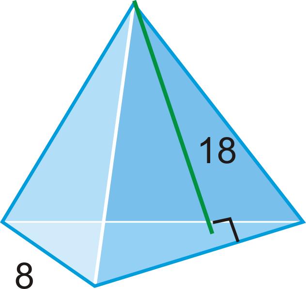 Example 2: Find the surface area of the pyramid from Example 1. Solution: The surface area of the four triangular faces are 4 ( ( 1 2 bl) = 2(16) 8 ) 10 = 256 10.