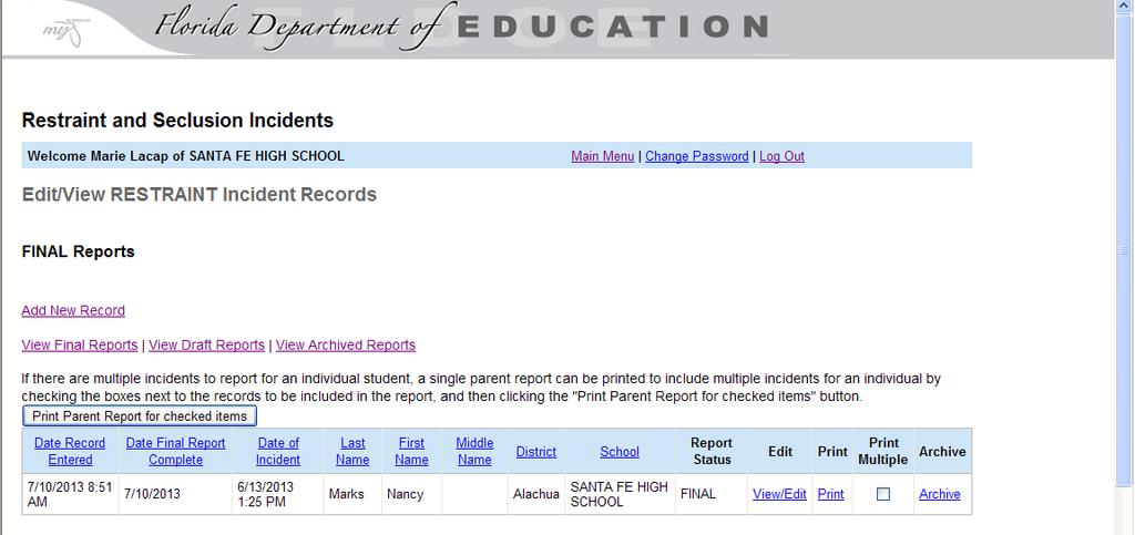 School Level Users: Print Incident Reports for Parents 1.