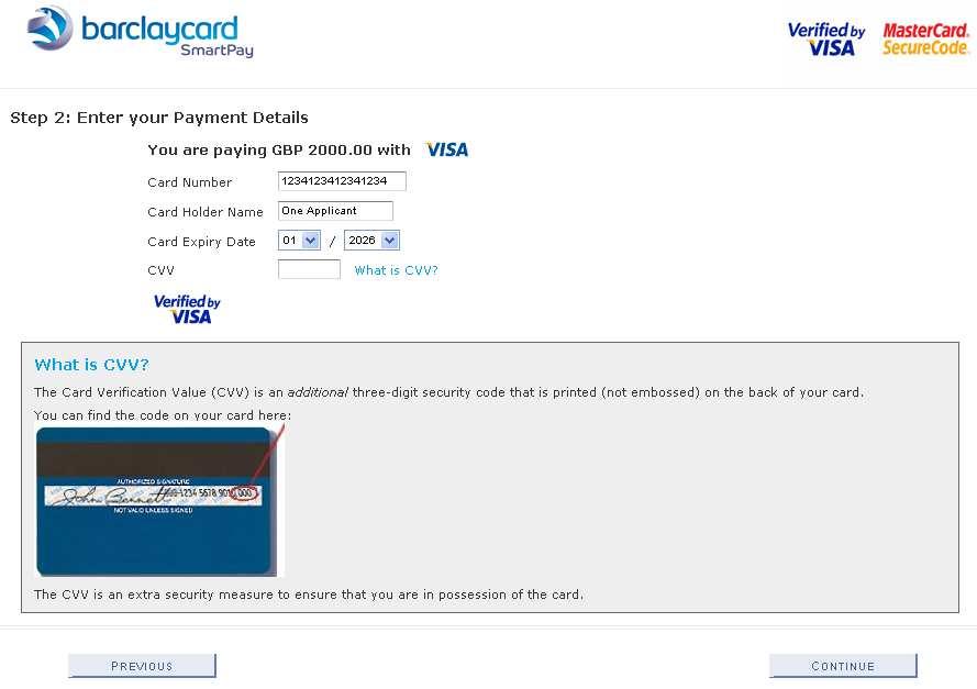 In this example the type of card is VISA. The screen will show the amount that the Applicant/you are about to pay and the type of card you have selected.