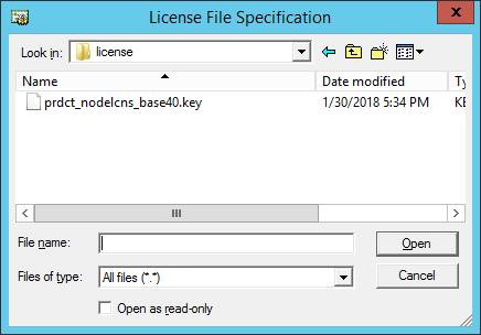 In the License File Specification dialog box, select the license file to be registered and then click Open. 5.