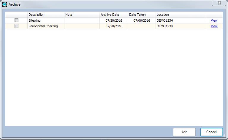 The Archive window will display, listing all files previously submitted for the current patient. 2.