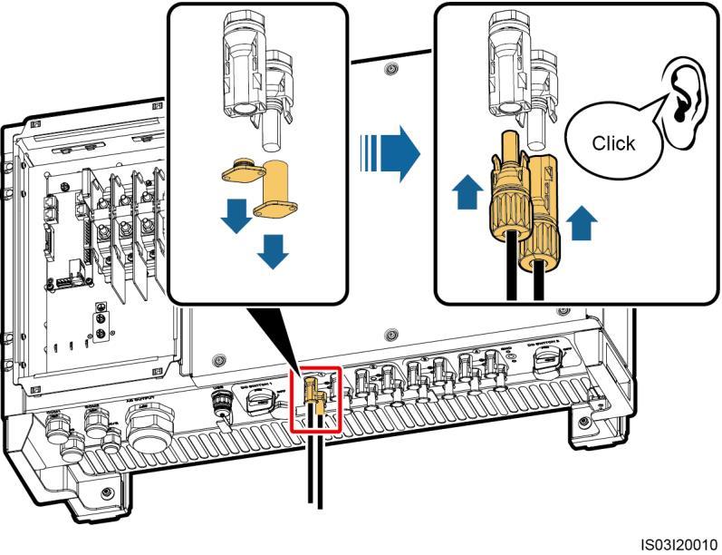 5 Connecting Cables Figure 5-30 Connecting DC input power cables If the DC input power cable is reversely connected, do not operate the DC switches and positive and negative connectors immediately.