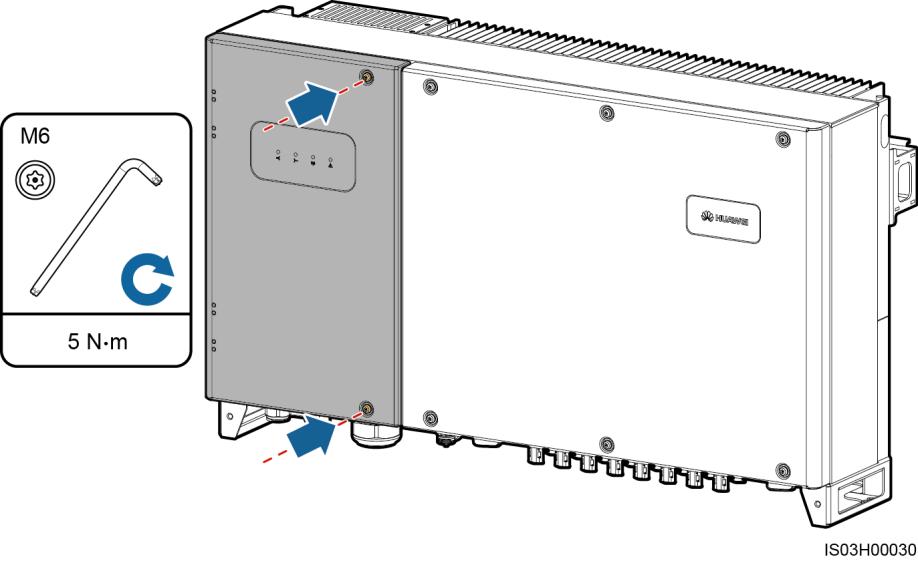 5 Connecting Cables Figure 5-54 Tightening screws on the maintenance compartment door If a screw on the maintenance compartment door is missing, use the unused ground screw on the chassis shell as a