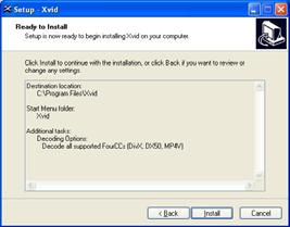Select Decoding Options, and click [Next] Click [Install] Complete Xvid Codec setup Finish