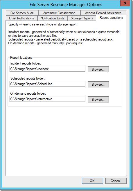 Figure 7: Report Locations in FSRM 6. The File Screen Audit tab lets you enable storing of file screening activity in an auditing database. There is not much use for this feature.