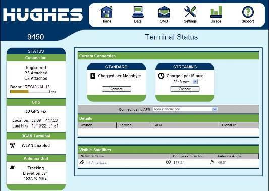 Click on the Settings Button to be taken to the main interface window of the Hughes 9450. Here you can set any parameter of the system. Click on Usage to see how much data has been transferred.