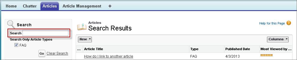 Work with Articles and Translations Articles or Knowledge Tab The Articles tab presents a list of Knowledge published articles.