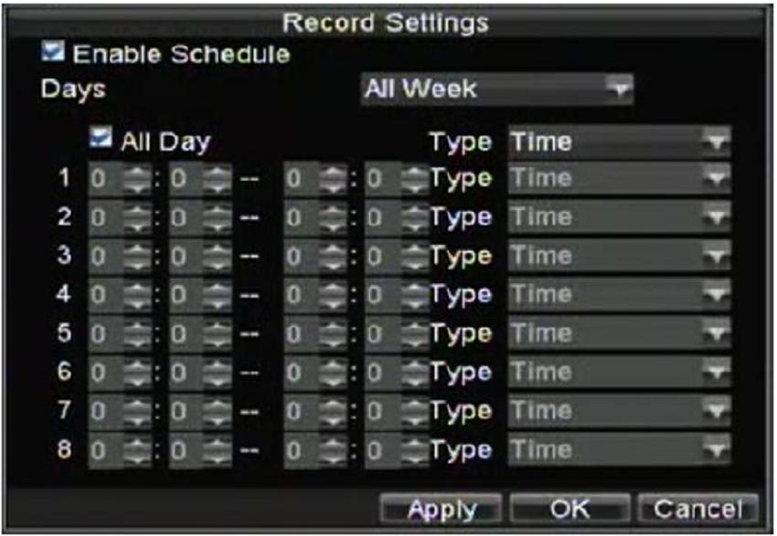 13. Check both the Enable Schedule and All Day checkbox. This will enable the recording schedule and have it record continuously all day. 14. Click the OK button.