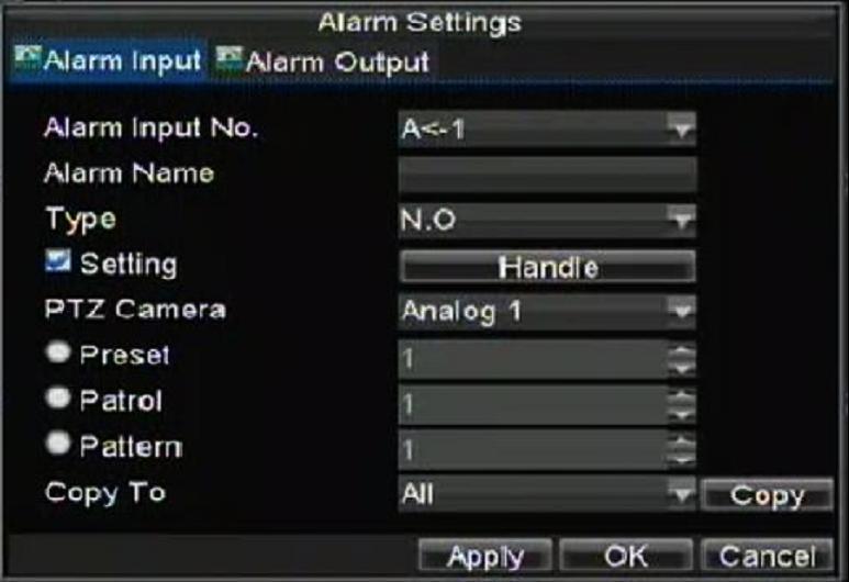 Set the alarm input type under Type. The options available are Normally Op
