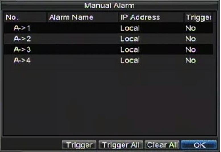2. In the Manual Alarm menu, you may: Trigger: Select an alarm from the list and click Trigger to trigger its output. Trigger All: Trigger all alarm outputs at once.
