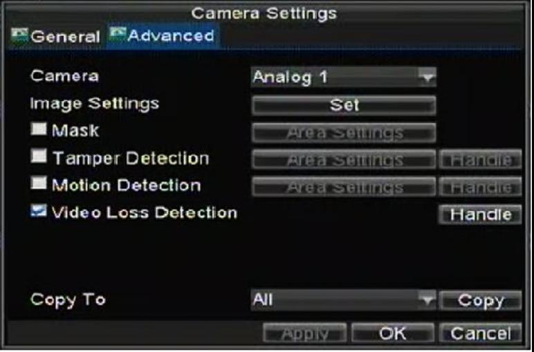 To setup video loss detection: 1. Enter Camera Settings menu by clicking Menu > Setting > Camera. 2. Select camera under Channel number to configure video loss detection and click the Set button. 3.