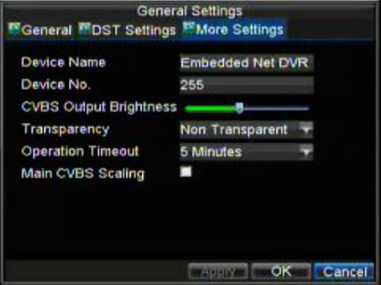 These settings include: Language: Default language used in DVR menus. CVBS Output Standard: Video output standard: NTSC and PAL. VGA Resolution: VGA output resolution.