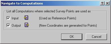 Check Input and Output to find computations that both use or create coordinates for the selected survey point. 4. Click OK. Note that certain survey points do not have easting and northing values.