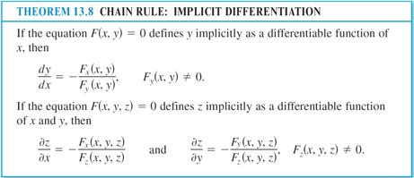 Implicit Partial Differentiation Suppose that x and y are related by the equation F(x, y) = 0, where it is assumed that y = f(x) is a differentiable function of x. To find dy/dx use chain rule.