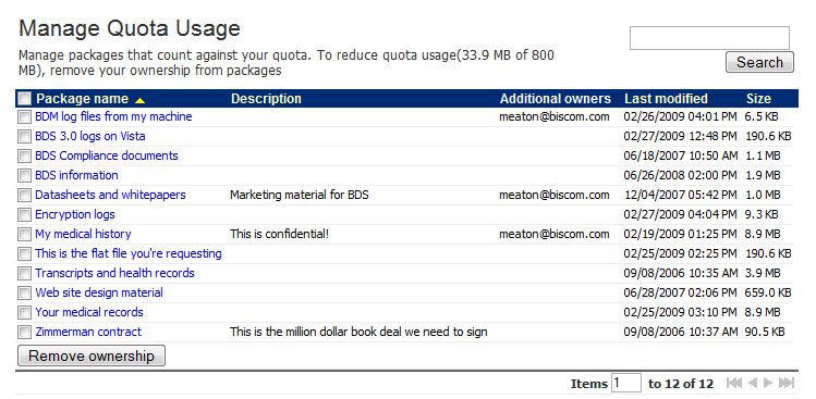 Figure 26: Manage Quota Usage page 2. To reduce your quota usage, you can simply remove your ownership of one or more packages.
