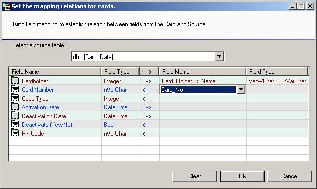 11 Database Settings To map the card data: 1. Click the Set the mapping relations for cards button in the Options dialog box (Figure 11-4). This window appears.