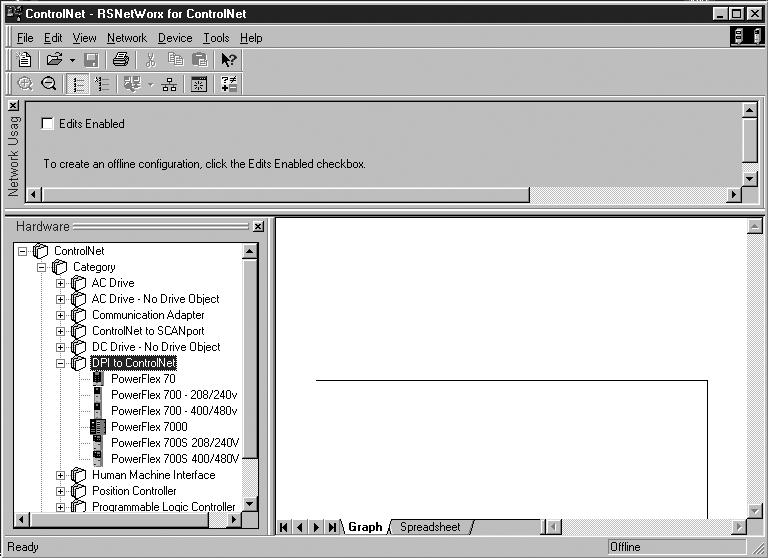 4-6 RSNetWorx Configuration for PLC-5C Applications Figure 4.9 RSNetWorx for ControlNet DPI to ControlNet Folder Example 9. Click on the DPI to ControlNet folder in the Hardware window (Figure 4.