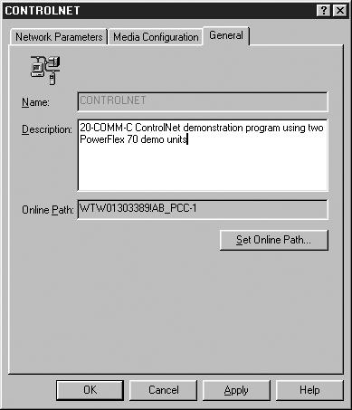 RSNetWorx Configuration for PLC-5C Applications 4-17 3. If desired, select the General tab (Figure 4.29) and enter a name and description for the network. Click OK. Figure 4.
