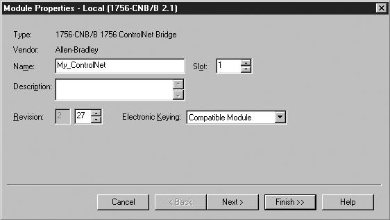 In this example, a 1756-CNB Series B ControlNet Bridge is selected. Click OK.