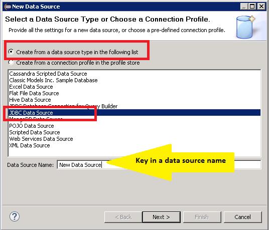 4. Select the Create from a Data Source Type in the Following List and then select JDBC Data Source from the drop-down menu. Type a name in the Data Source Name field. Click Next.