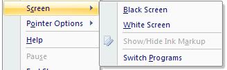 Right click on the slide. Click on Screen > and choose Black Screen or White Screen. To return to the presentation, right click and click on Screen Unblack Screen or Screen Unwhite Screen.