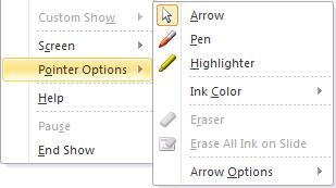 Right click on the slide. To write on the screen, click on Pointer Options > Pen. To highlight text, click on Pointer Options > Highlighter. Make the desired annotations.
