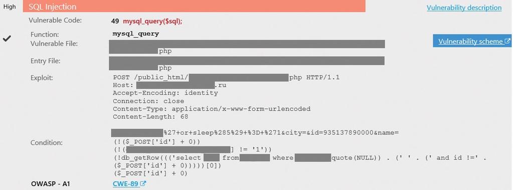 Figure 42. Example of SQL Injection detection High-severity XML External Entity vulnerabilities were less common this year but not unheard of.