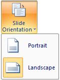 To change the orientation of slides using the Slide Orientation button: In the Page Setup group, click the Slide Orientation button, and then choose Portrait or Landscape To change the orientation of