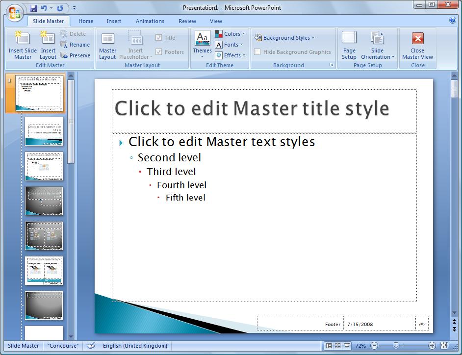 An example of the Concourse theme slide master is shown in the following picture. The layouts associated with the master are shown in the left-hand pane.