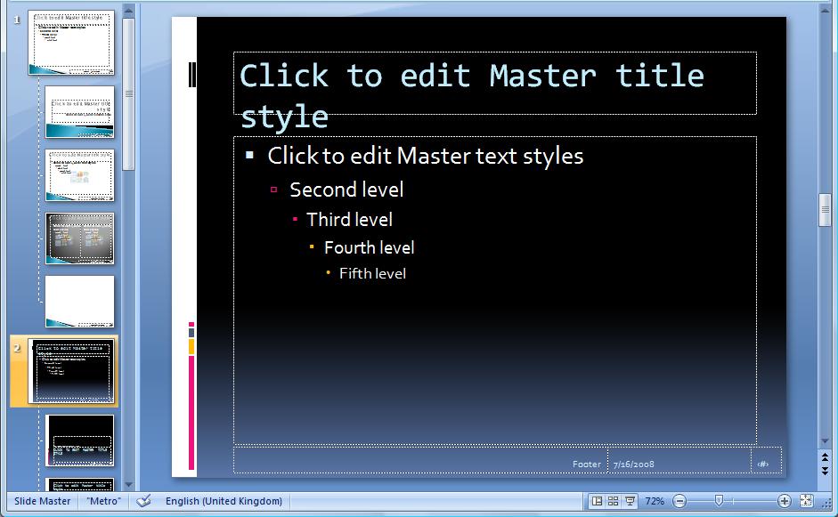 To insert an additional theme: On the Slide Master tab, in the Edit Master group, click the Insert Slide Master button A new slide master layout with a set of additional layouts will be inserted.