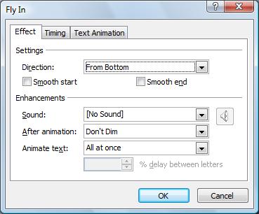 Effect options sounds, timings and grouping text There are individual effect options that allow you to add sounds, set timings and choose how to animate groups of text.