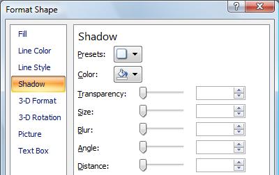the Format Shape dialog box, then on the Shadow tab, set the shadow Presets style, Color, Transparency, Size, Blur, Angle and Distance, and then click Close