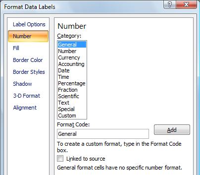 Use the options on the Label Options tab to set the Label Contains and Label Position options, and the options on the Number tab to choose the number format, for example, Number, Currency or
