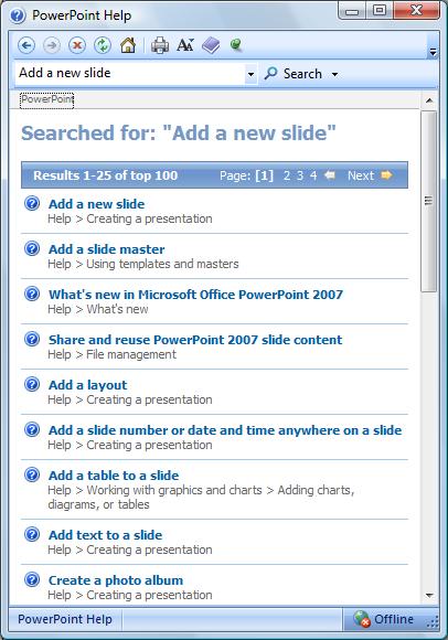 The PowerPoint Help window will display a list of relevant items.