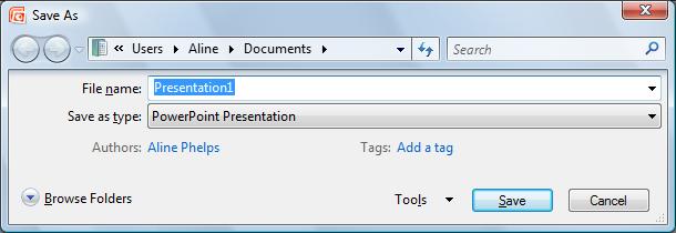 In the Save As dialog box, make the following choices: In the File name box, enter a name for the presentation If you want to make the presentation available in previous versions of PowerPoint, open