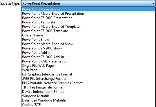Using Save As to save a presentation in a different file format You can use the Save As dialog box to save a presentation with a different file format.