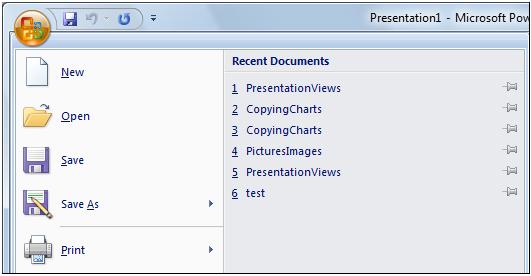 Recently used presentations PowerPoint keeps track of the latest presentations that you have used. The next picture shows an example of the Recent Documents list.
